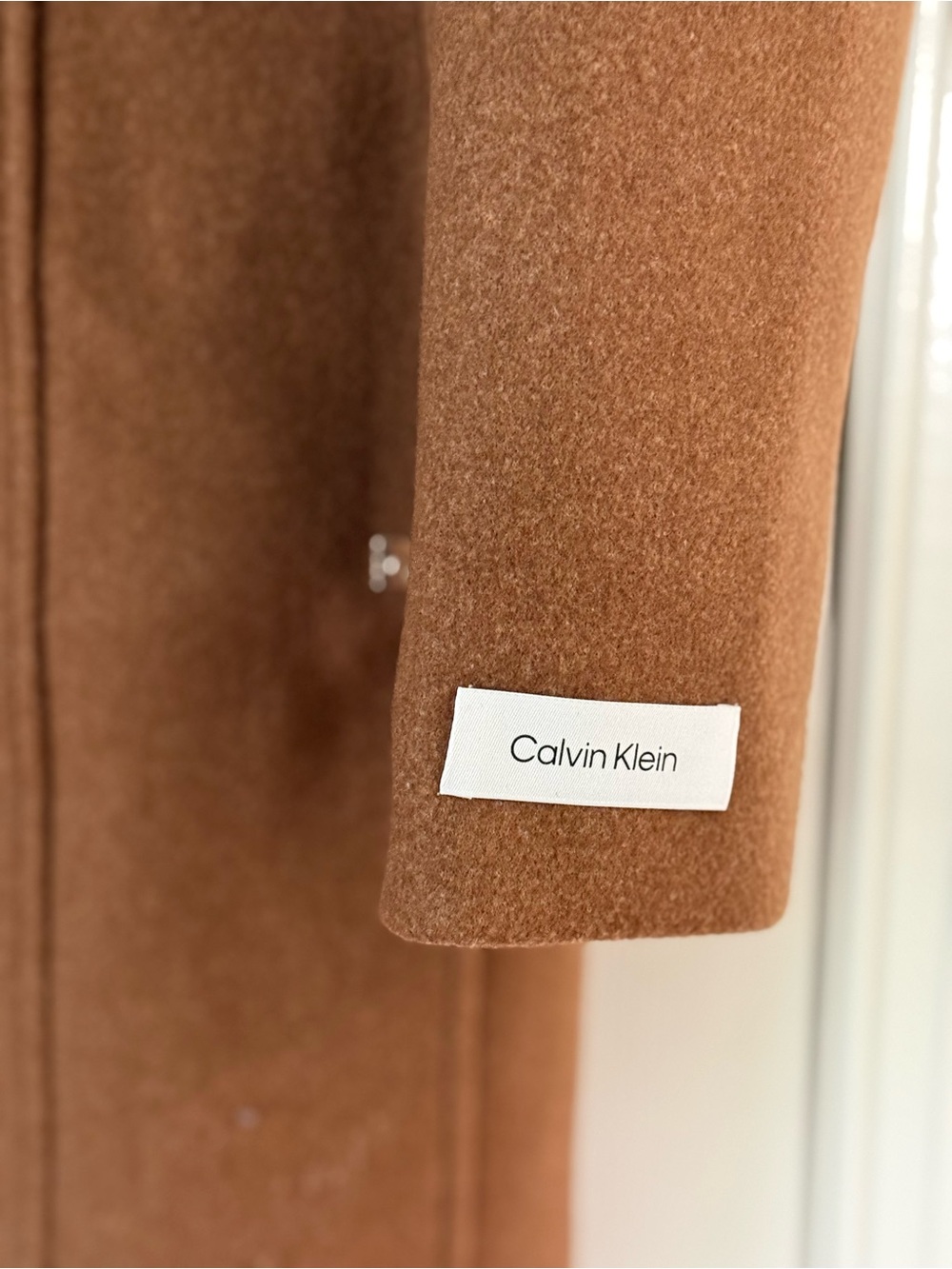 Calvin Klein Camel Brown Wool Blend Stand Collar Mid Length Coat NWOT Sz Large - Picture 4 of 15